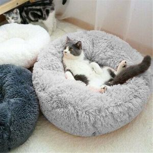 סופגנייה עגולה קטיפה חיות מחמד כלב חתול מיטת פרווה חם רך גור כלבים מרגיע מיטה