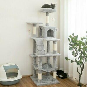 bambam45 חיות מחמד 63.8-in Cat Tree & Condo Stable Cat Tower Cat Condo Pet Play House - Light Gray