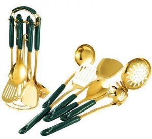 כלי מטבח זהב 6 יחידות סט עם מחזיק כלי בישול מנירוסטה